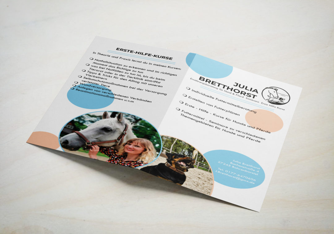 Flyer für Ernährungsberatung und Seminare für Pferd und Hund